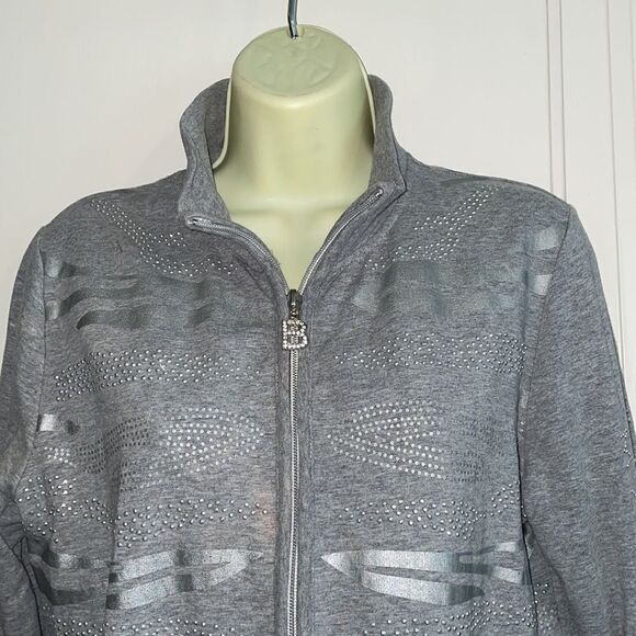 BCBG Max Azria gray/silver with bling cotton/spandex knit jacket - Picture 2 of 11